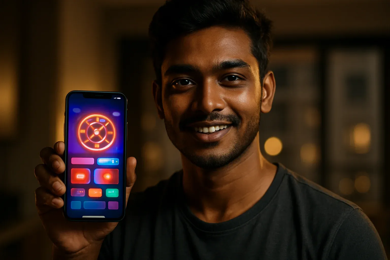 Young Bangladeshi man holding smartphone showing colorful mobile casino app interface
