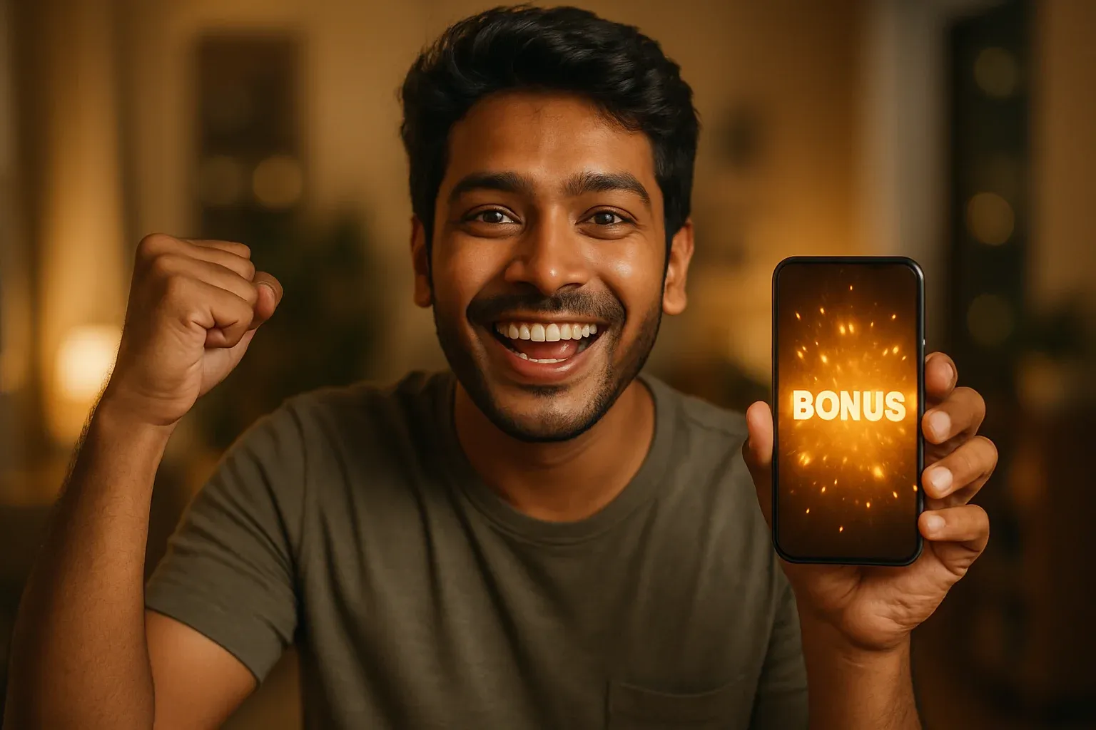 Joyful Bangladeshi man holding smartphone with glowing bonus notification celebration