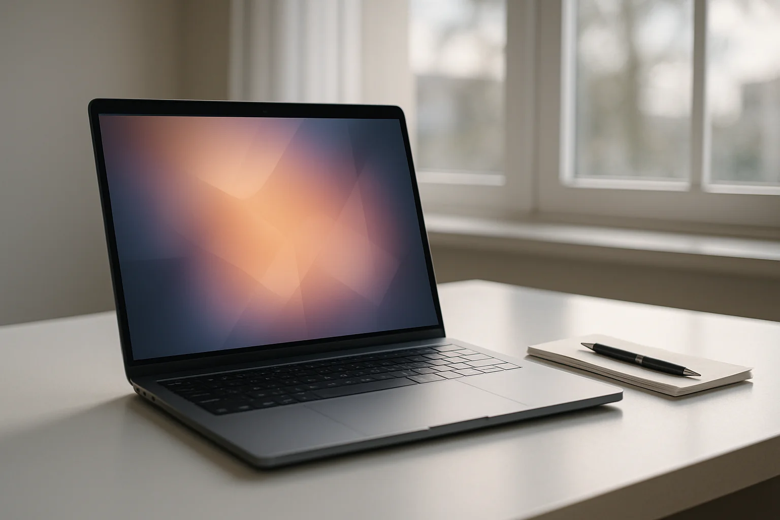 Modern laptop on white desk with abstract glowing screen and notepad