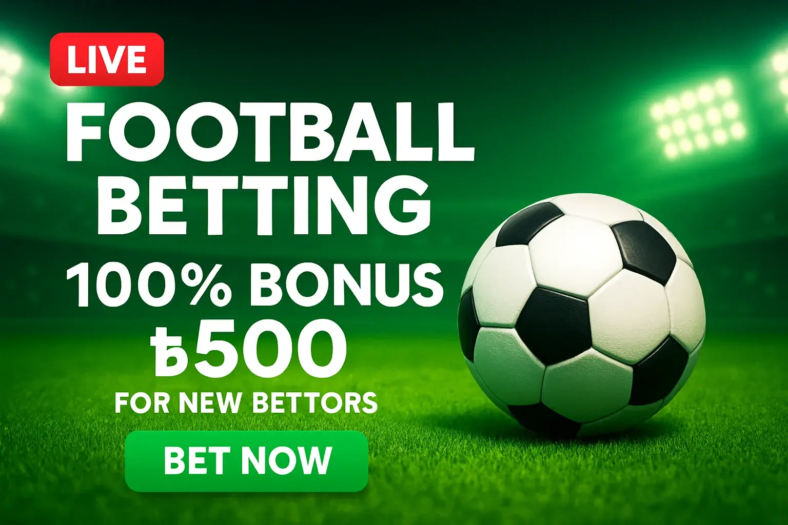 English football betting banner with soccer ball, live badge, bonus and bet now button