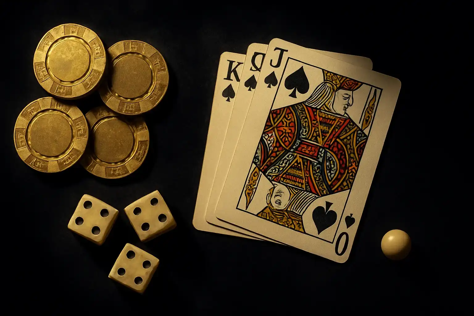 Top-down casino scene with chips, cards, dice, and roulette ball