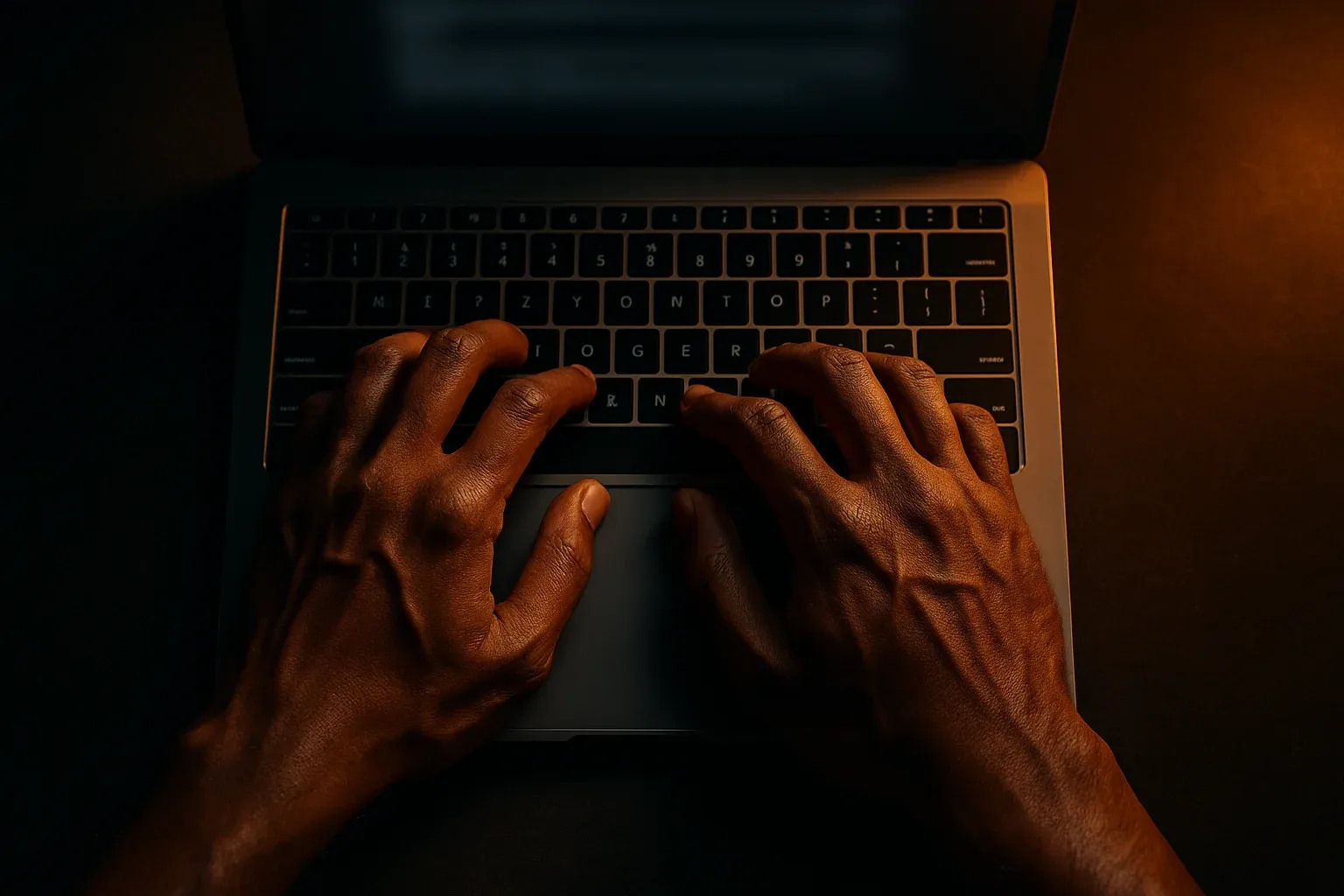Bangladeshi man's hands typing on modern laptop keyboard in dramatic light