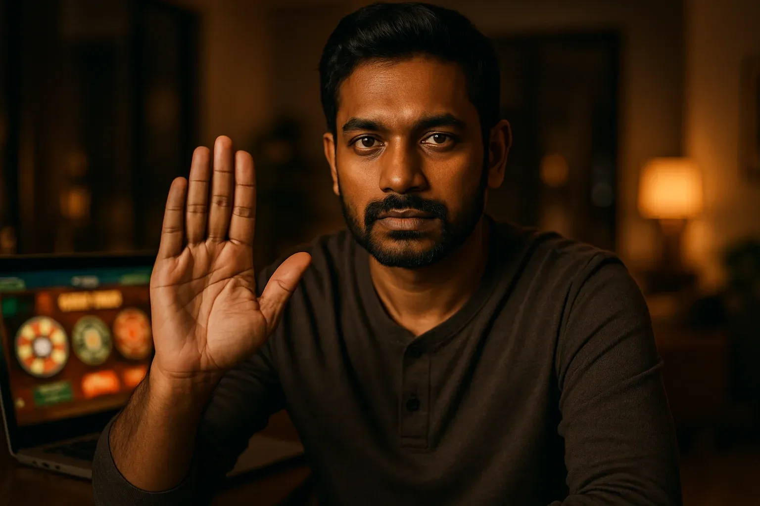 Bangladeshi man making stop gesture beside blurred online casino laptop