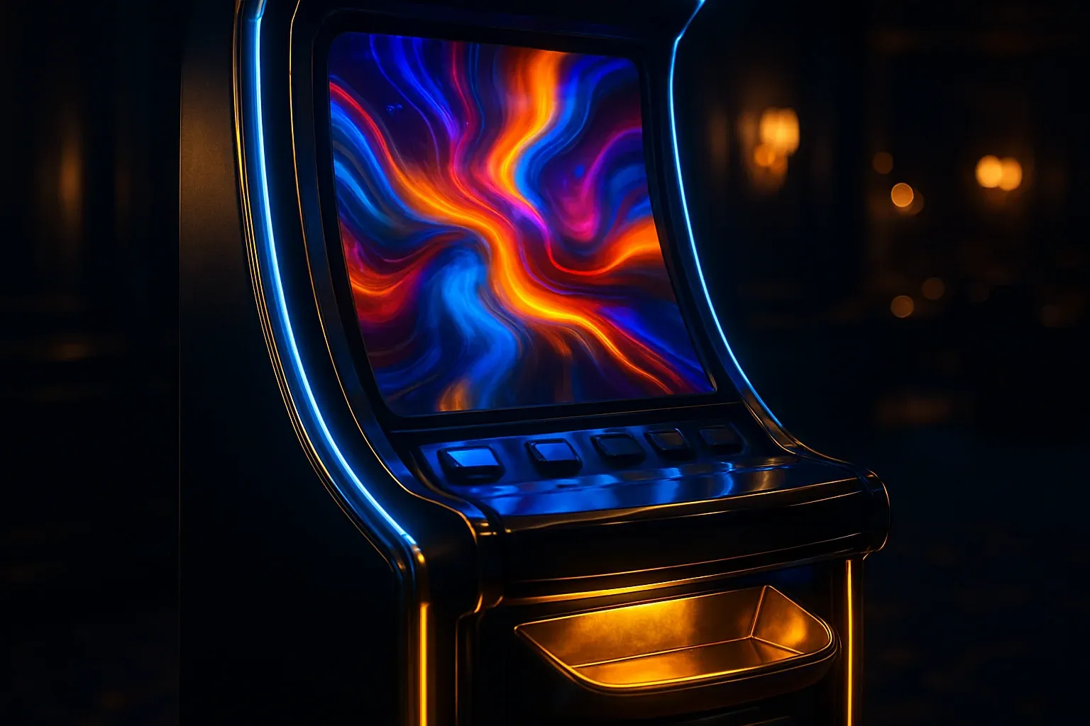 Hyperrealistic premium slot machine in dark luxury setting with neon lighting